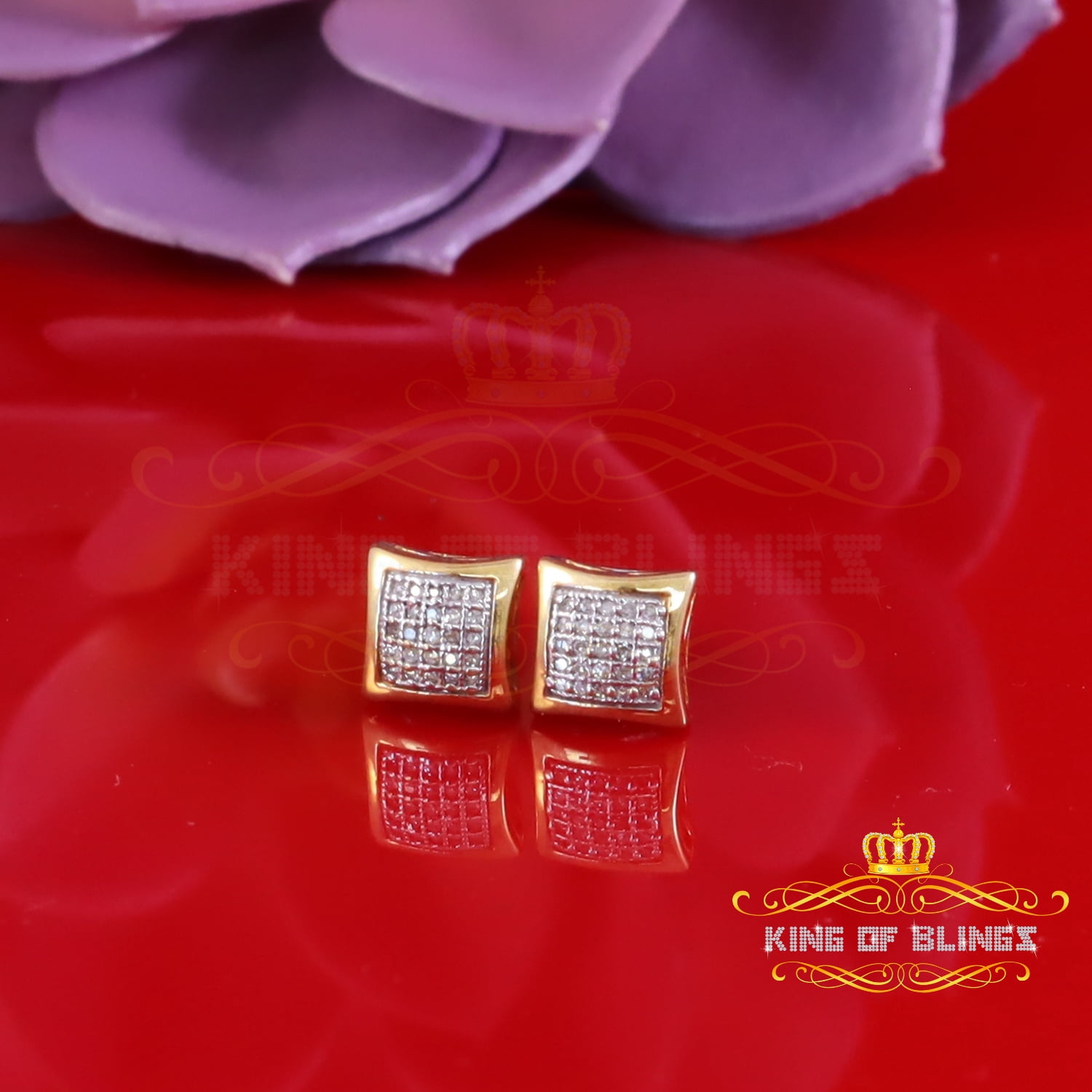 King of Bling's Real 0.15ct Gold Diamond 10K Yellow Square Stud Earrings For Women And Men