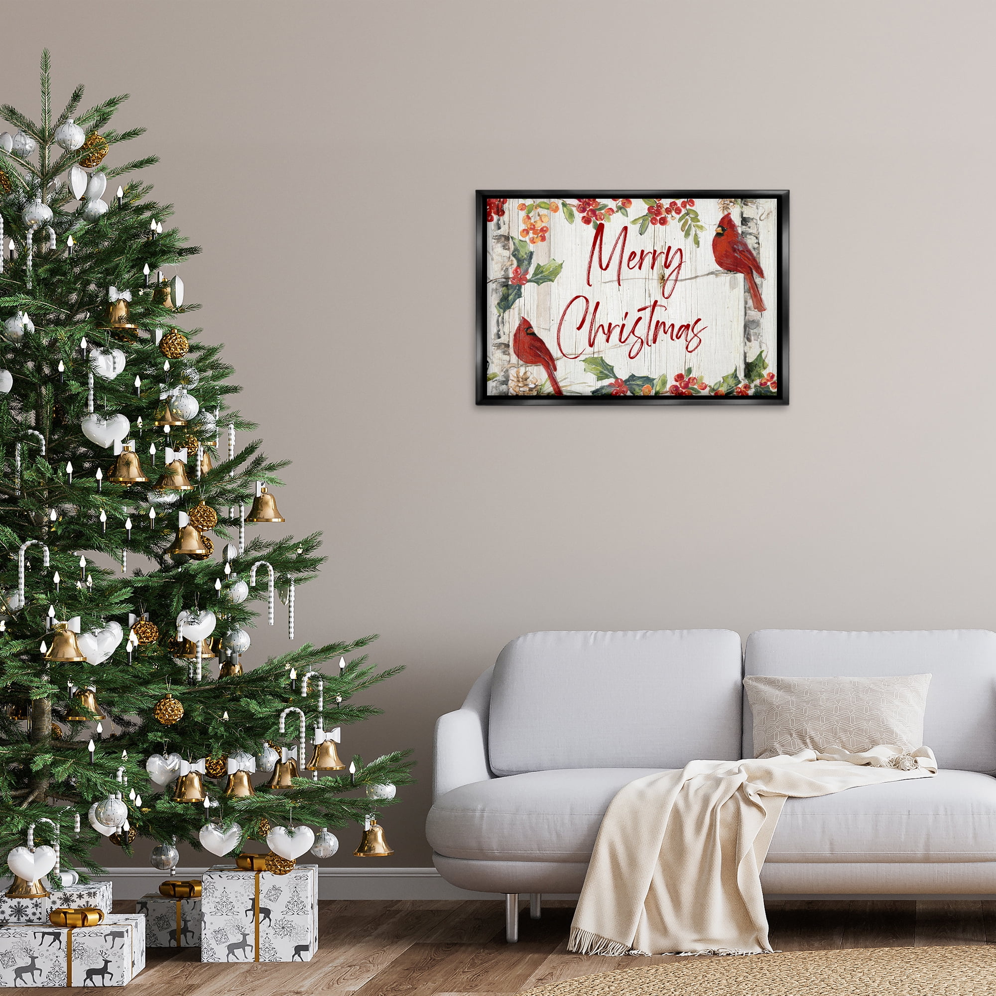 Stupell Industries Christmas & Cardinal Birds Holiday Painting Black Floater Framed Canvas Art Prints Wall Art, 31 x 21