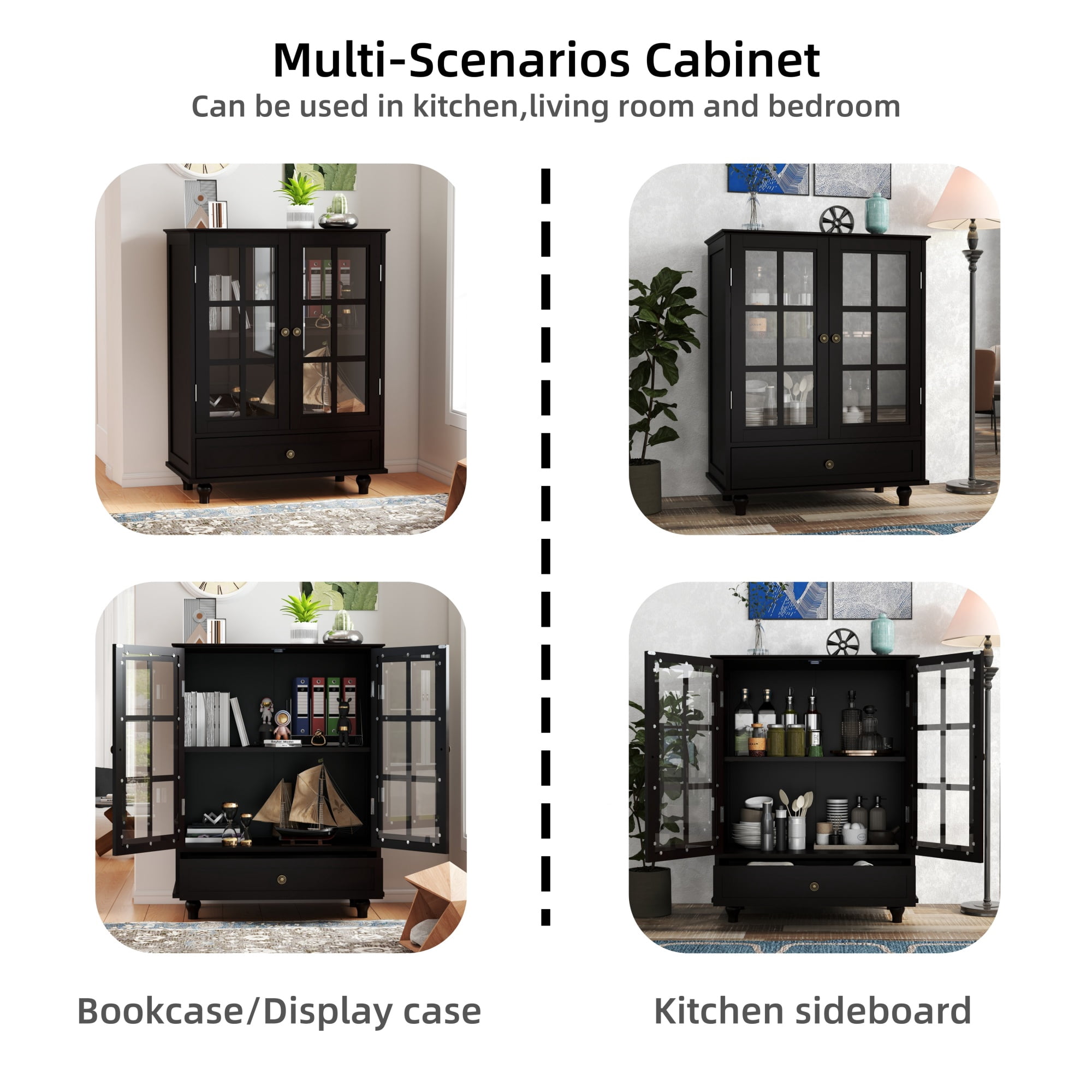 Leumius Minimalist Black Buffet Cabinet with Double Glass Doors and Drawer, Modern Wooden Storage Sideboard Cupboard for Living room Dining Room Hallway Entryway