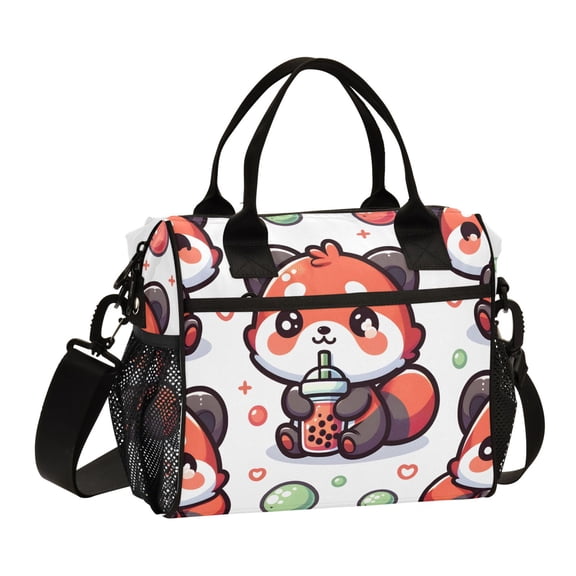 Cute Racoon with Bubble Tea Cartoon Lunch Bag Insulated Lunch Box Leakproof Reusable Cooler Tote Adjustable Shoulder Strap for Men Women 9L