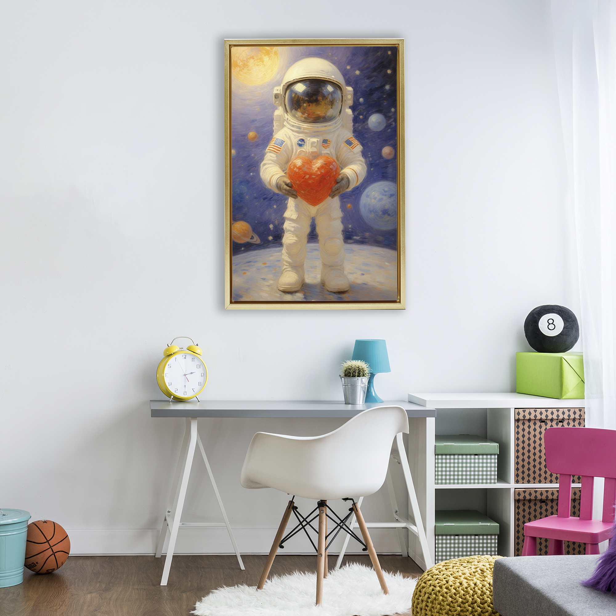 Astronaut Holding Heart Gold Framed Floater Canvas Wall Art, design by Angie Hawke