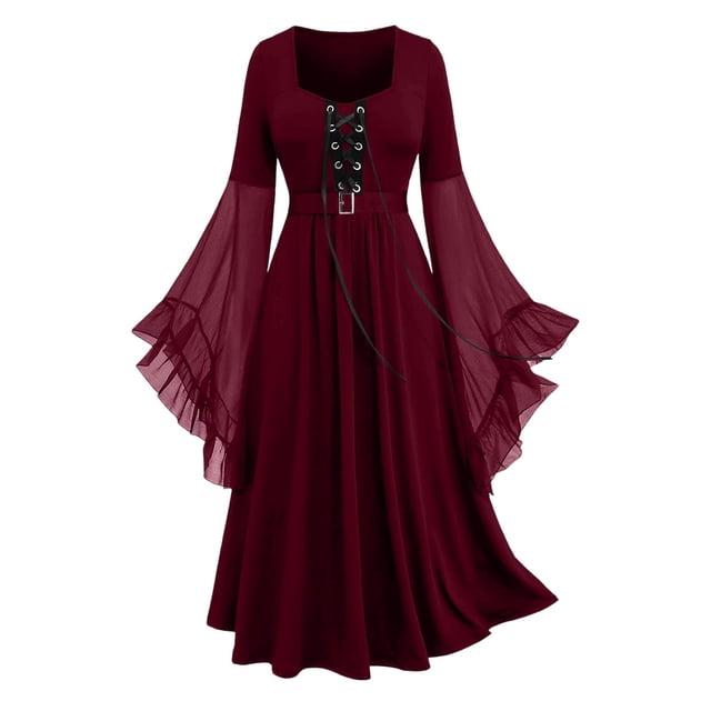 Amzcrzy Robes pour Femmes Couleur Unie Robes Maxi à Cordon Vintage Tunique à Manches Longues Robe Médiévale pour Femmes m