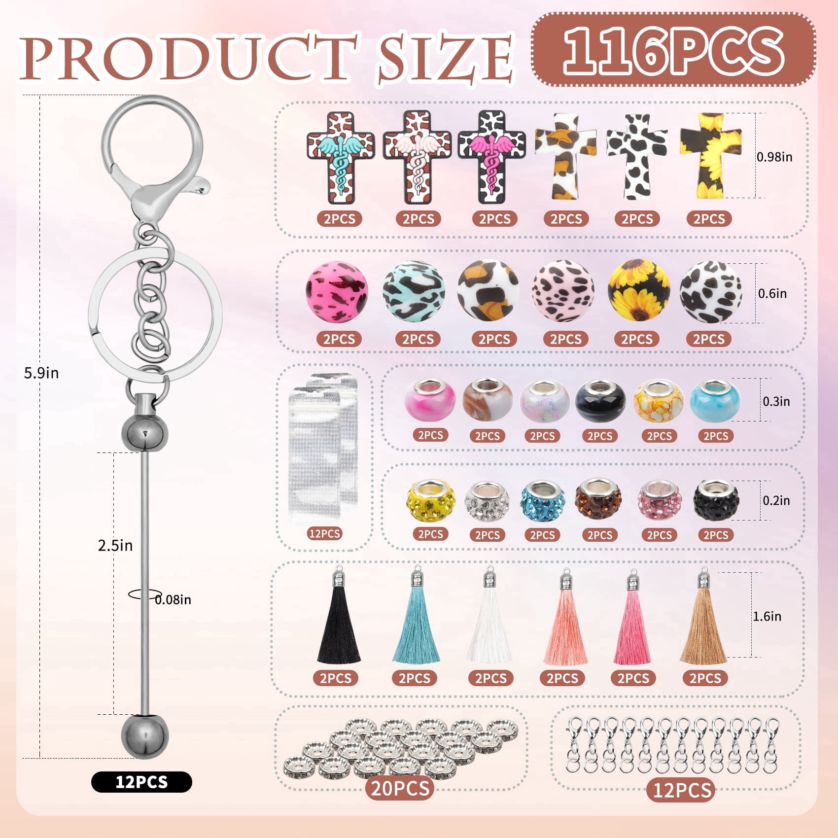 116PCS Beadable Keychain Kit with Jesus Cross Silicone Beads, Christian DIY Keychain Making Kit with Beadable Keychain Bars, Tassels & Clasps, Faith Craft Supplies for Church Groups, Women & Teens