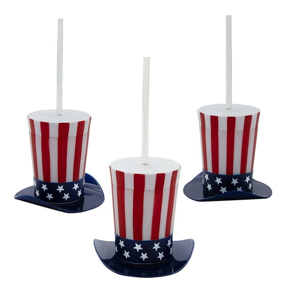4 1/4" 14 oz. Patriotic Top Hat-Shaped Straw Cups with Lids - 12 Pieces