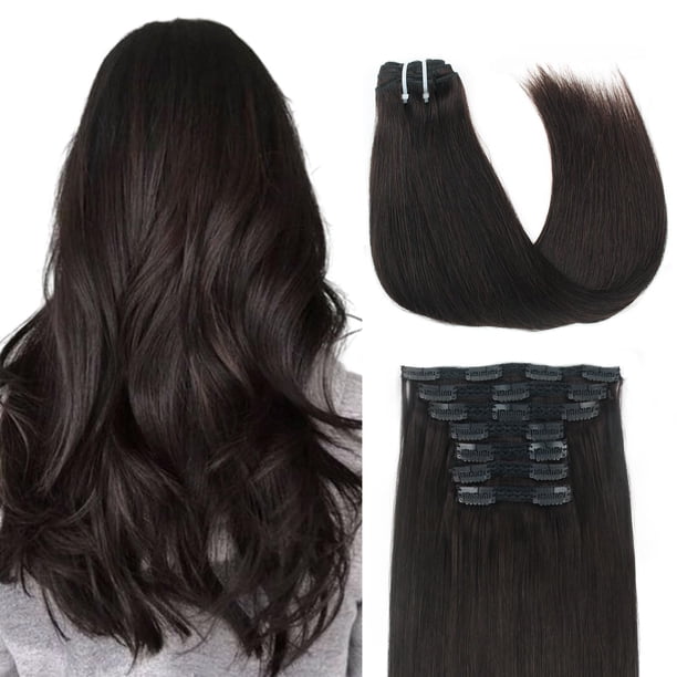 Lovrio Extensiones de cabello humano negro de grado 9A con clip en cabello color negro invisible, doble trama, cabello virgen liso Remy, 4.23 oz, 7 unidades, 18 clips, 20 pulgadas