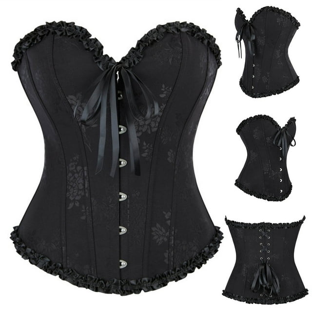 Karight Women Classic Black Corset Top Floral Renaissance Lace Up Boned Overbust Corset Bustier