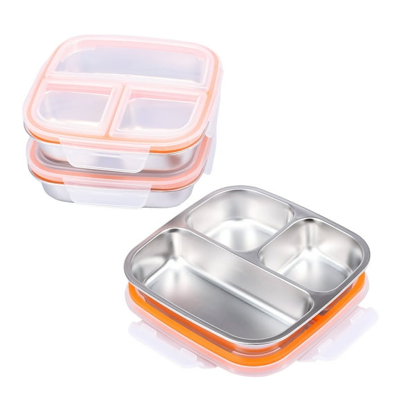 3 Pcs 304 Stainless Steel Food Container 3 Compartments Reusable with Lid for School Office