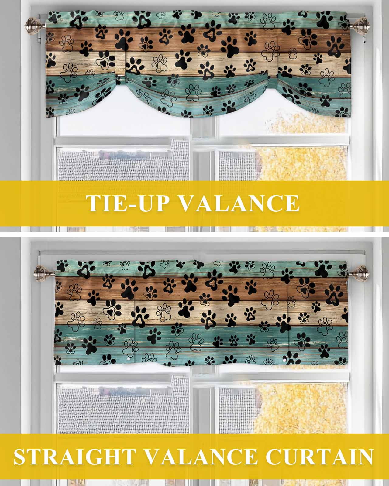 Dog Claws Tie Up Valances Curtain, Adjustable Kitchen Teal Brown Wood Grain Valances for Windows Decor, Rod Pocket Short Curtains Set for Bedroom/Bathroom, 54"x18"