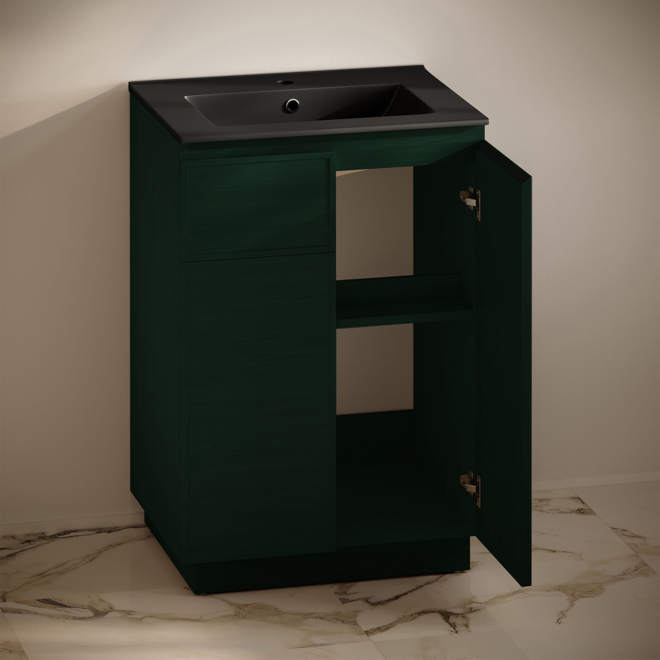 St. Tropez 24" Freestanding Bathroom Vanity in Green Oak with Black Sink Top