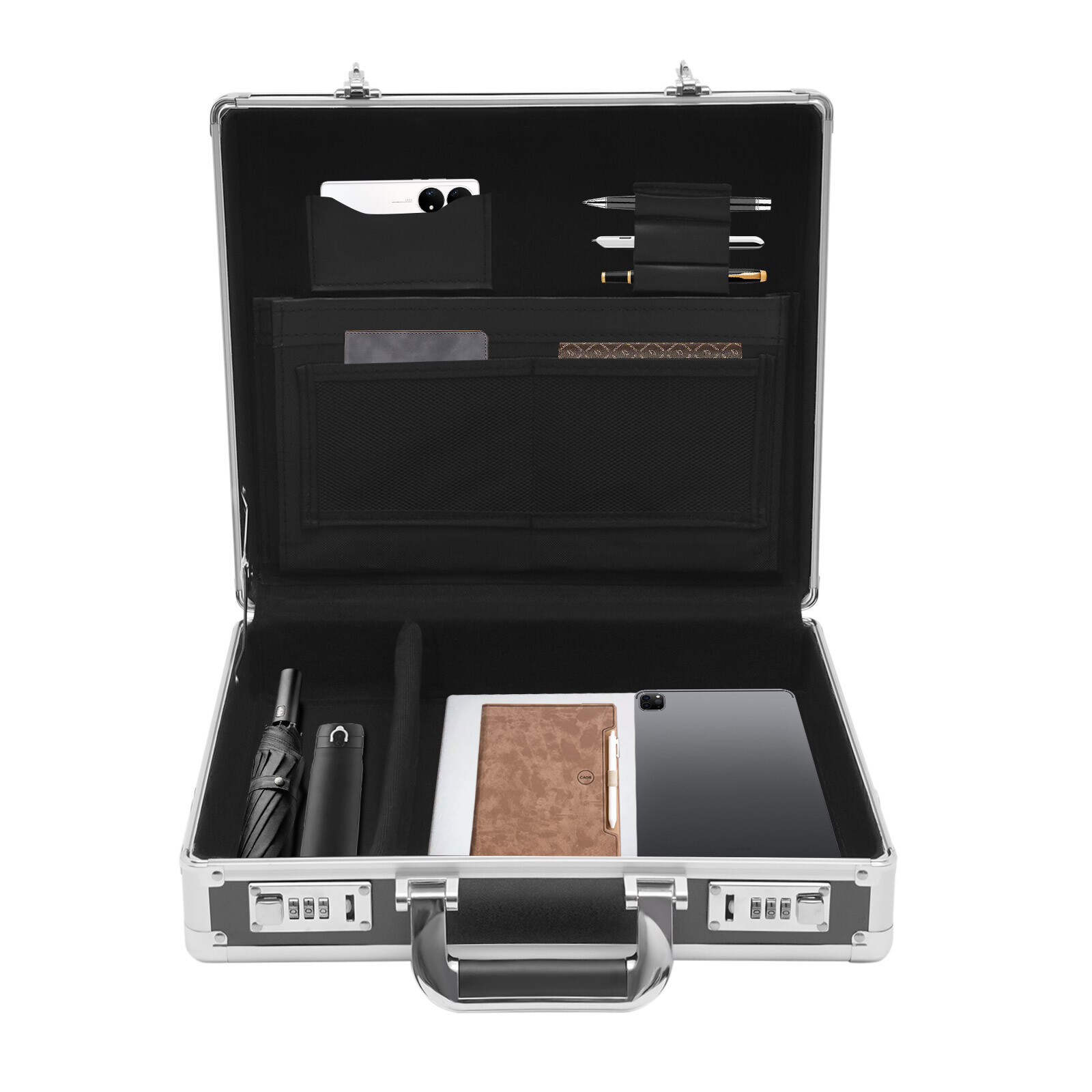 Aluminum Alloy Hard Case, Business Briefcase Attache with Dual Combination Locks for Men, Women, Black