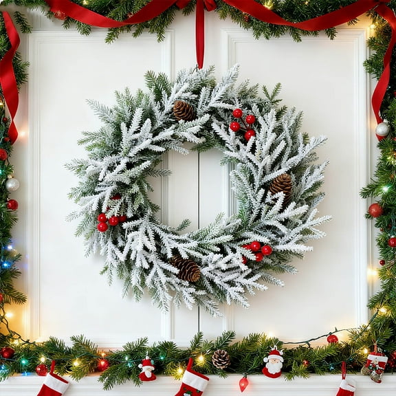 Christmas Snow Spray Red Fruit Pines Needle Wreath Decoration, Door Hanging, Wall Layout, Mantel, Tabletop and Festive Holiday Ornament