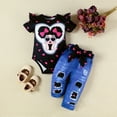 thumbnail image 2 of RMGVDSD Toddler Baby Girl Clothes Girls Short Sleeve Cartoon Prints Romper Bodysuit Tops Denim Pants 2 Piece Summer Clothing Sets 9-12 Months, 2 of 4