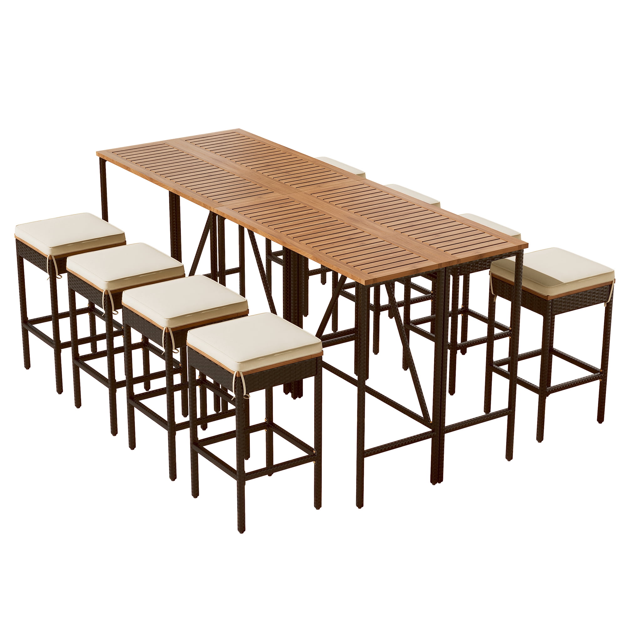 Outdoor Bar Height Dining Set 10-Piece, Acacia Wood Table & 8 Stools with Cushions, PE Rattan Wicker Bistro Set with Foldable Top, Space Saver, Brown