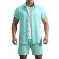 thumbnail image 3 of Men'S Waffle Knit 2-Piece Outfit with Button Down Shirt and Shorts for Summer Emerald XL, 3 of 6