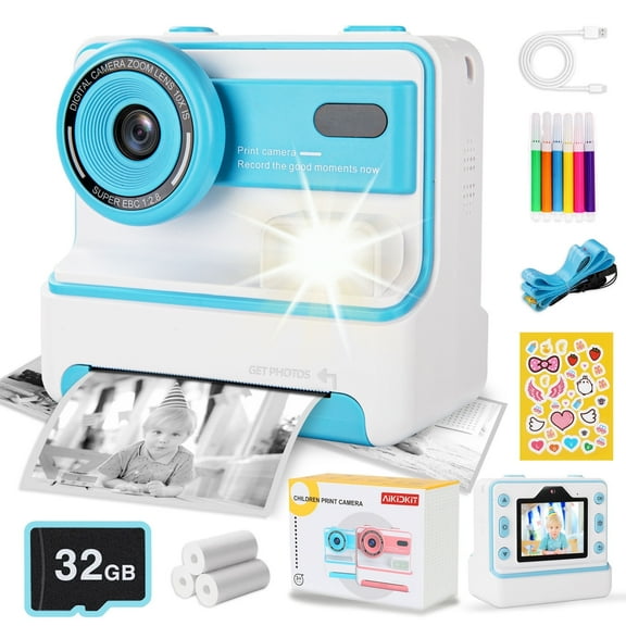 AiKidKit Kids Camera Instant Print, Kids Camera 1080P HD with 32G SD Card Print Paper for Boys Girls Age 3-12 Gifts Blue