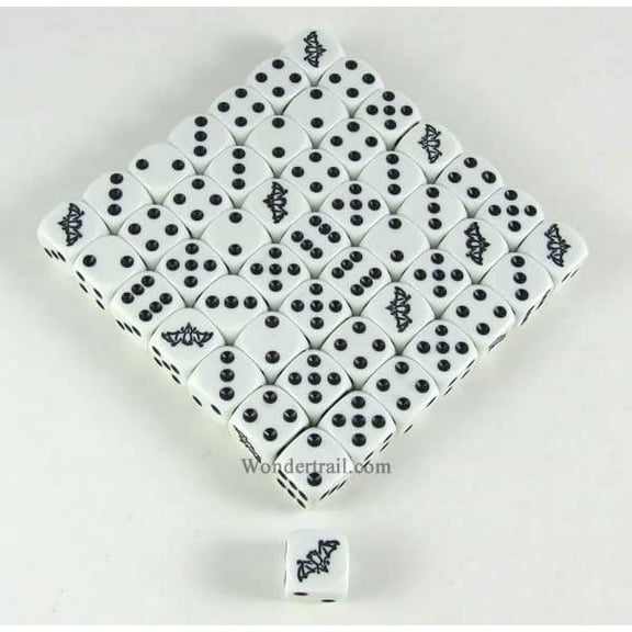 Bat Dice White Opaque with Black Pips D6 16mm (5/8in) Bulk Pack of 50 Koplow Games