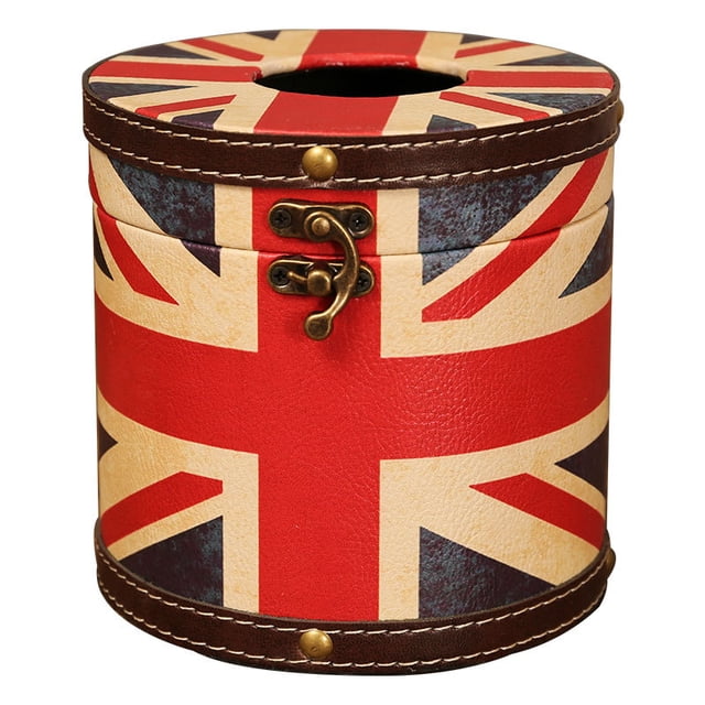 Funda de pañuelos vintage redonda de madera con estampado de bandera británica