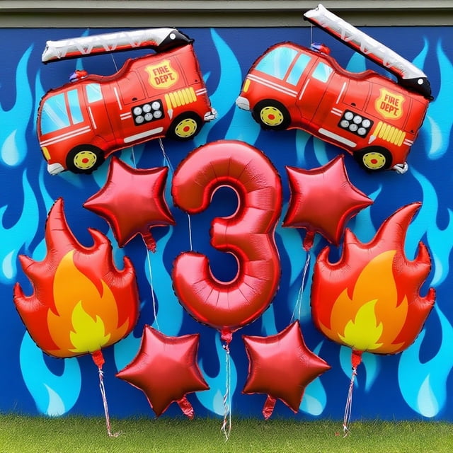 Ensemble de Ballons, Ballons Chiffres Rouges 0-9, 4 Étoiles, 2 Ballons Camion de Pompiers et 2 Ballons Flamme, pour Décoration de Fête d'Anniversaire, du Nouvel An et de Noël