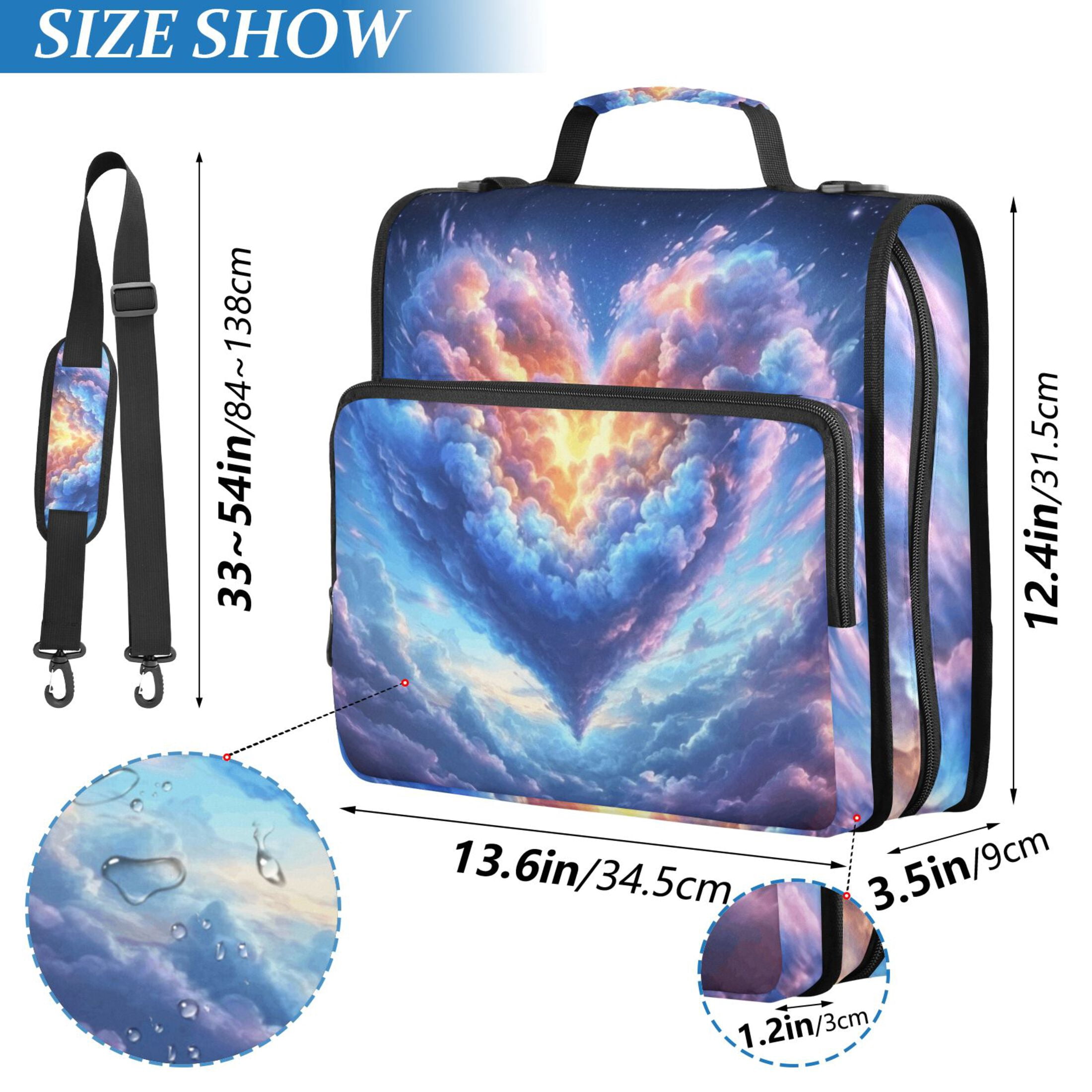 3 Ring Zipper Binder with Shoulder Strap Waterproof Trapper Keeper 2 Inch D-Ring 500 Sheets Capacity Heart Cloud in Sky