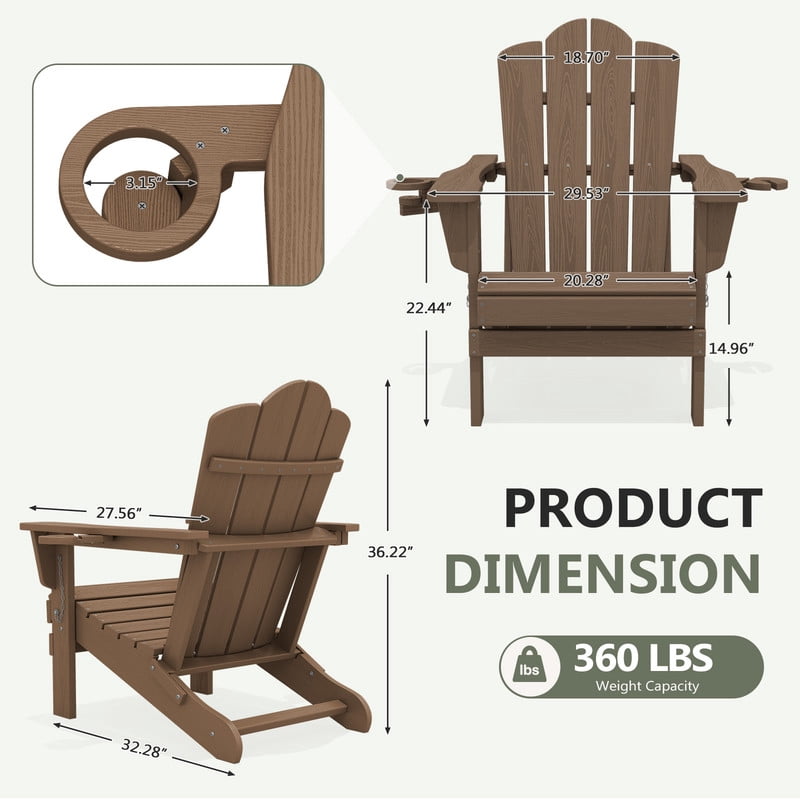 LOYALICE Folding Adirondack Chair with Dual Cup Holders, All-Weather HDPE Outdoor Patio Chair for Backyard, Poolside, Garden, Fire Pit, Brown