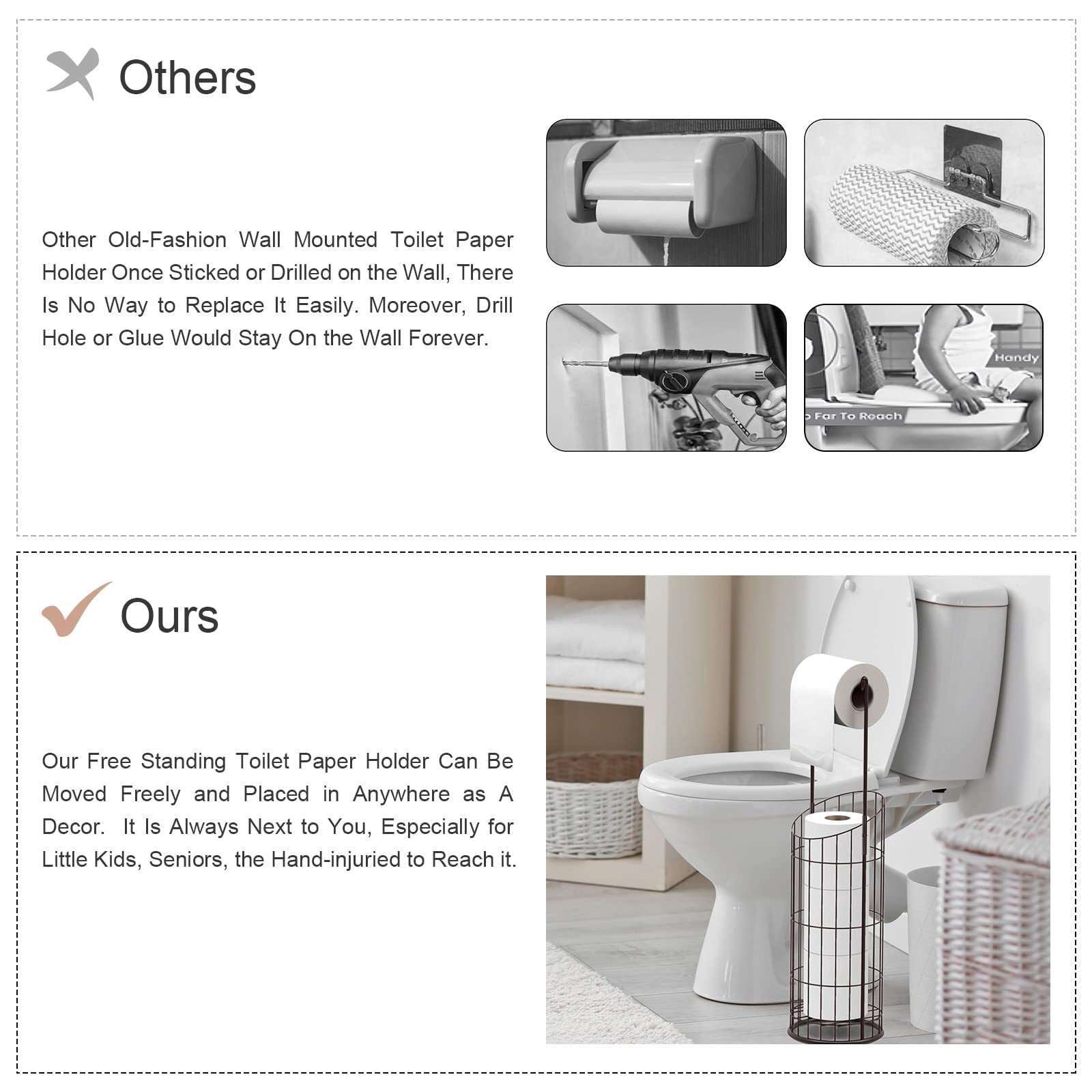 SunCleanse Freestanding Toilet Paper Holder with Storage for 4 Rolls, No Installation Needed,Warm Brown Finish Bathroom Organizer