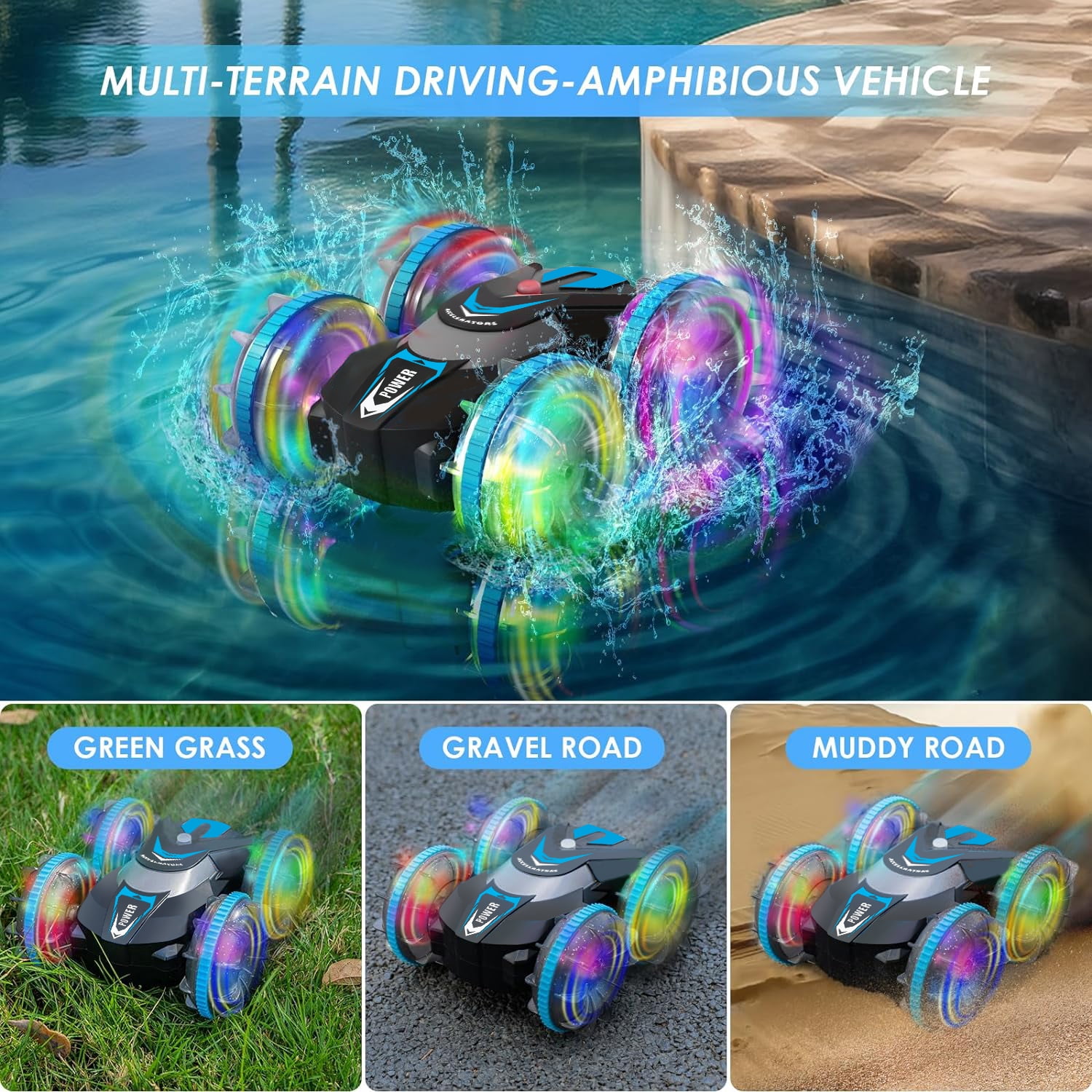 Remote Control Car, Amphibious 4WD RC Stunt Car, Waterproof RC Car 360° Flips Rotation 2.4GHz All Terrain RC Stunt Car with Lights for Boys Girls