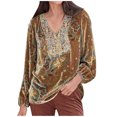 thumbnail image 2 of Women Retro Velvet Long Sleeve V Neck Shirt Blouse Tops Traditional Ethnic Style Pattern Vintage Loose Henley Tshirts, 2 of 7