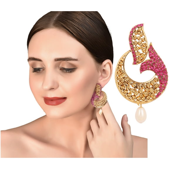 Sunsoul by Touchstone Indian bollywood white fuchsia fish designer jewelry earrings in antique gold tone for women