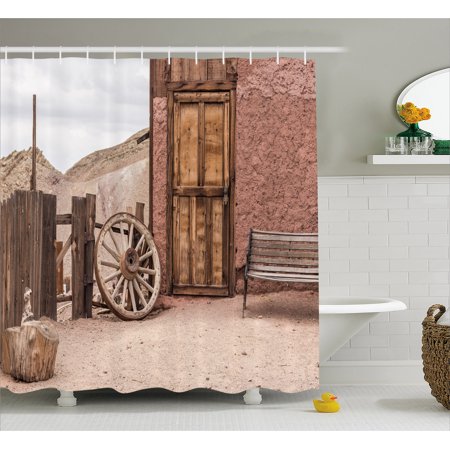 Barn Wood Wagon Wheel Shower Curtain, Abandoned Old Farmhouse Doorway Traditional Rustic Outdoors, Fabric Bathroom Set with Hooks, Umber Pale Brown, by