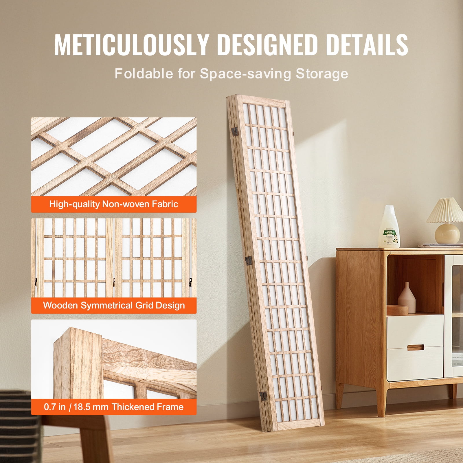 KFFKFF 4-Panel Japanese Style Room Divider, Folding Privacy Screen for Indoor Use, Portable Partition for Room Separation, Home, Office, Restaurant, and Bedroom Decoration (Natural)