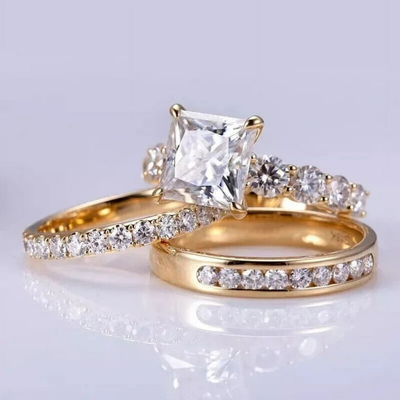 Bluebelljewels 14K Yellow Gold Plated Princess Cut Cubic Zirconia Wedding Bridal Trio Ring Set Women