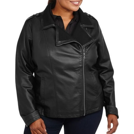 walmart plus size denim jacket with faux leather sleeve