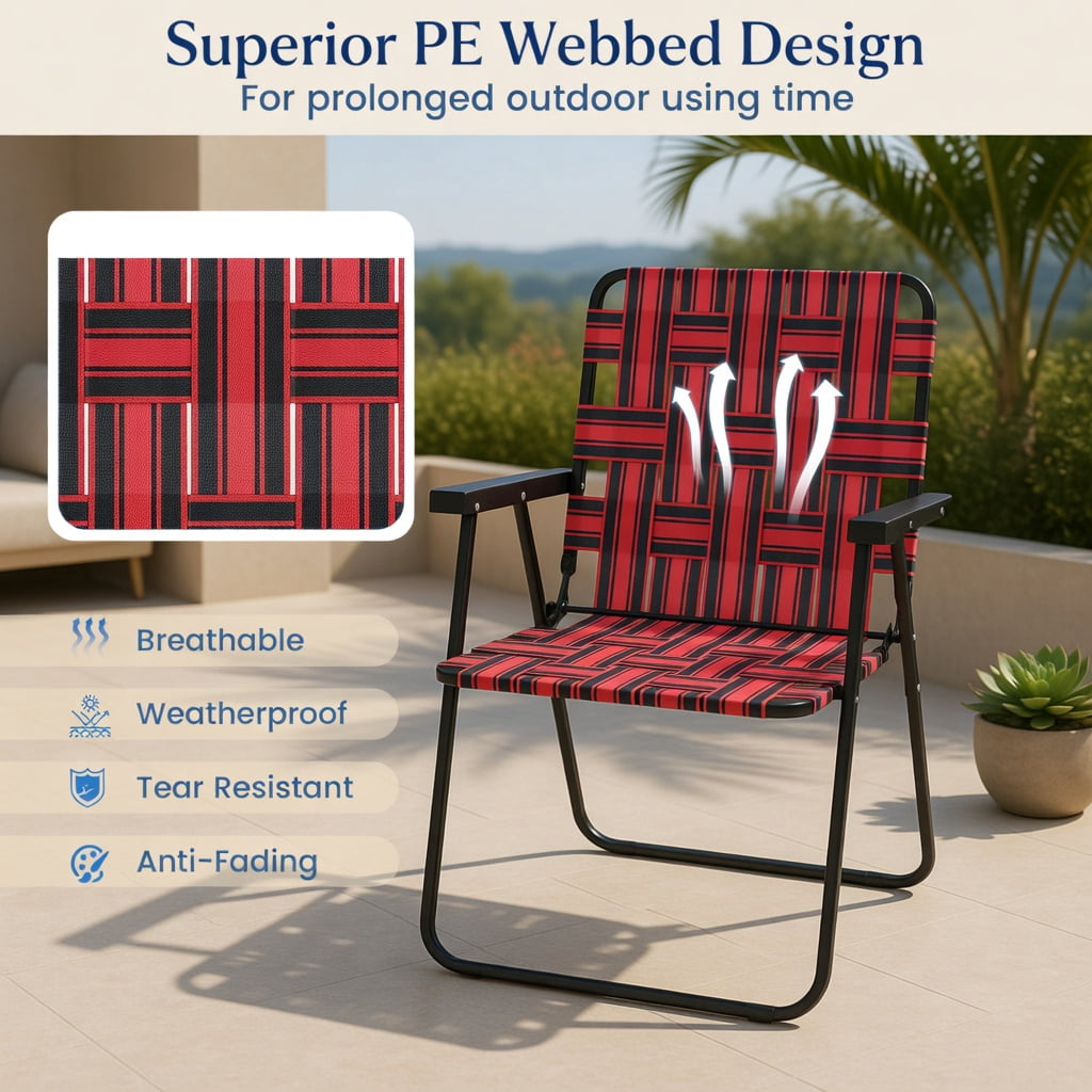 Hommoo 4-Pack Foldable Beach Chairs for Camping, Lawn & Outdoor Use, Heavy-Duty Steel Frame, Fade-Resistant PE Webbing, Portable & Easy Setup, Red