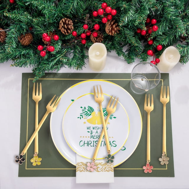 MTBLYS Christmas Spoon Fork Set Stainless Steel Fruit Fork Coffee Spoon Multicolor Flower Design 1 Pieces Dessert Dining Holiday Kitchen Gift