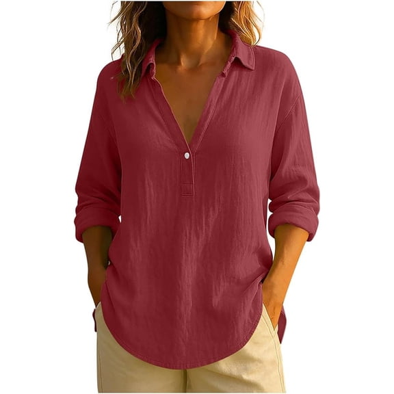 Aricy Womens Fashion Cotton Linen Shirts Dressy Casual Long Sleeve Button V Neck Shirts Comfy Solid Color Collared Loose Tshirts Ladies Going Out Tee