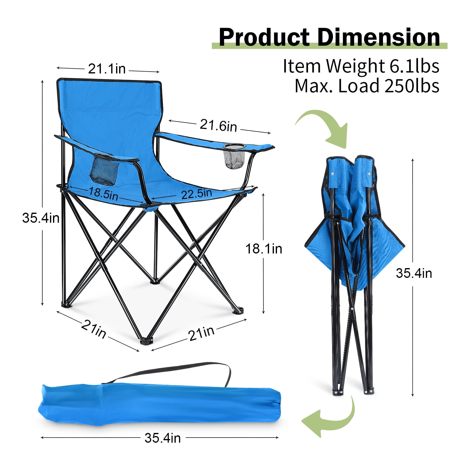 Walchoice Foldable Camping Chair, Oversized Lawn Chair for Adults, Portable Camp Chairs with Cup Holders for Outdoor Fishing Hiking Beach Picnic, Carrying Bag, Blue