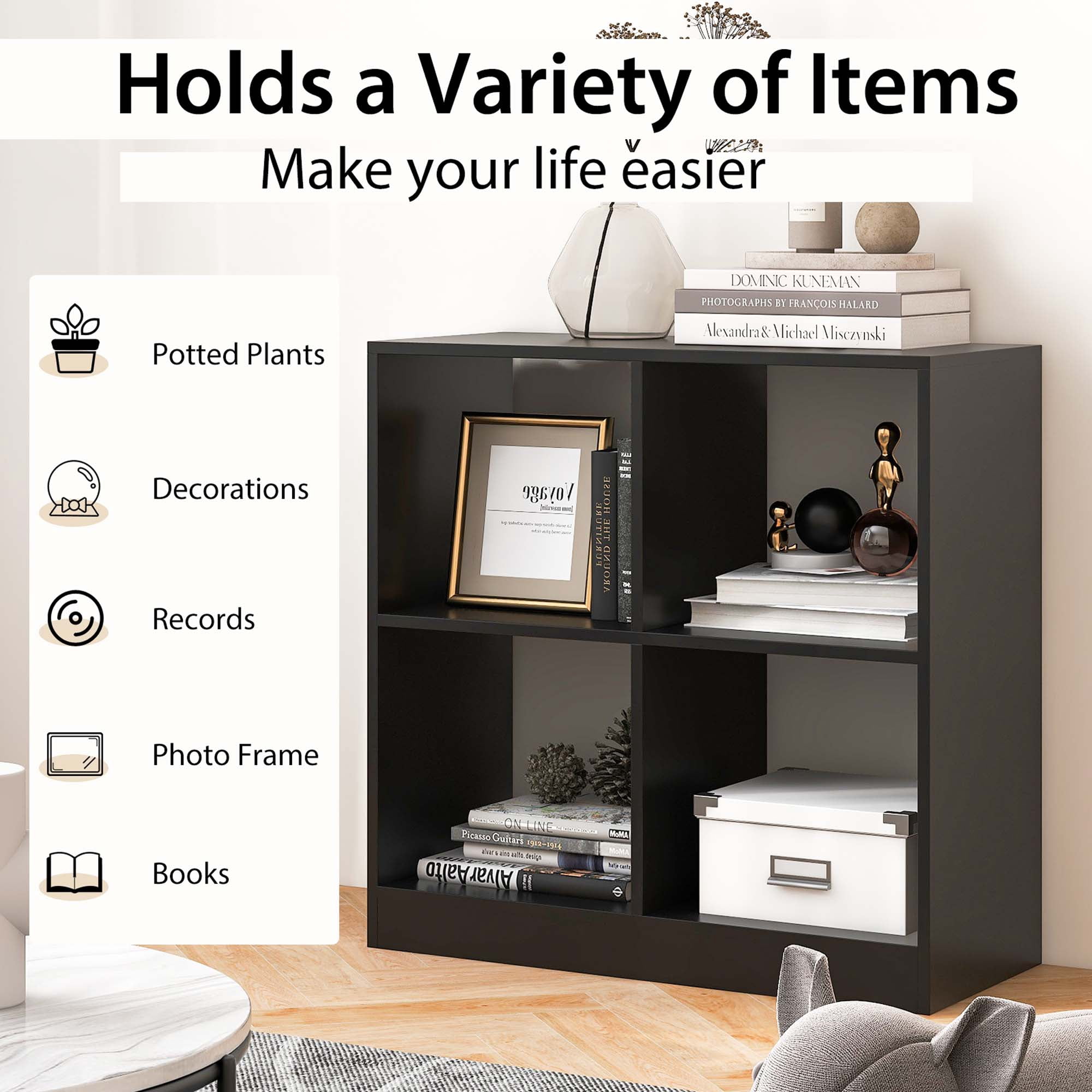 Costway 4-Cube Bookcase Floor Open Wooden Bookshelf Storage Cabinet Toy Organizer Black