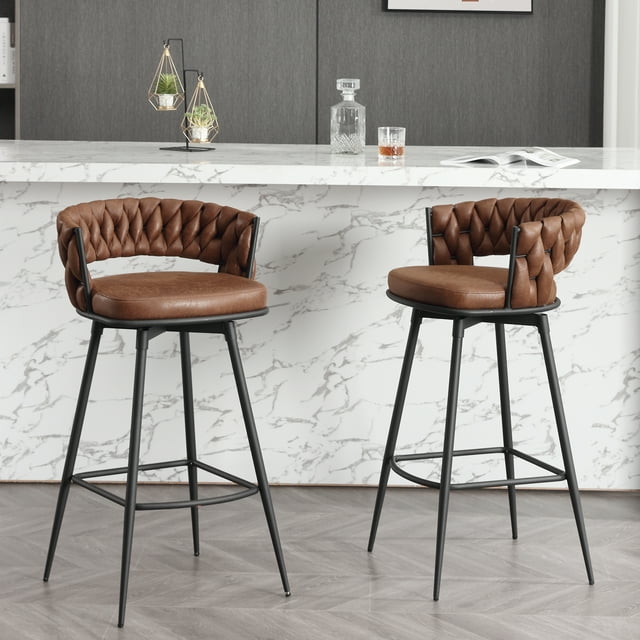 26" Bar Stools Set of 2, Counter Height Barstools with 180° Swivel and Woven Back, Upholstered Bar Chairs for Kitchen Island, Cafe, Pub, Bar Counter, Brown