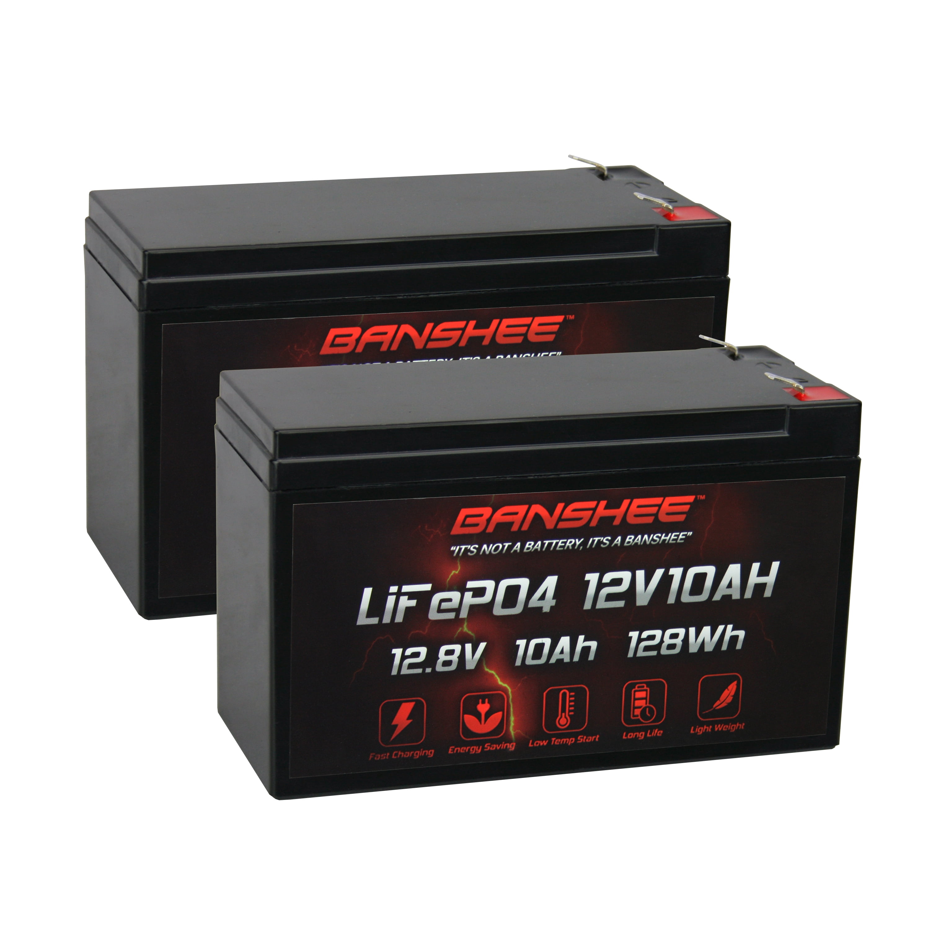 Banshee 2 Pack 12V 10Ah LiFePO4 Lithium Battery, 3000+ Deep Cycle Rechargeable Battery, Perfect for Kids Scooter, Power Wheels, UPS, Lighting, Fish Finder