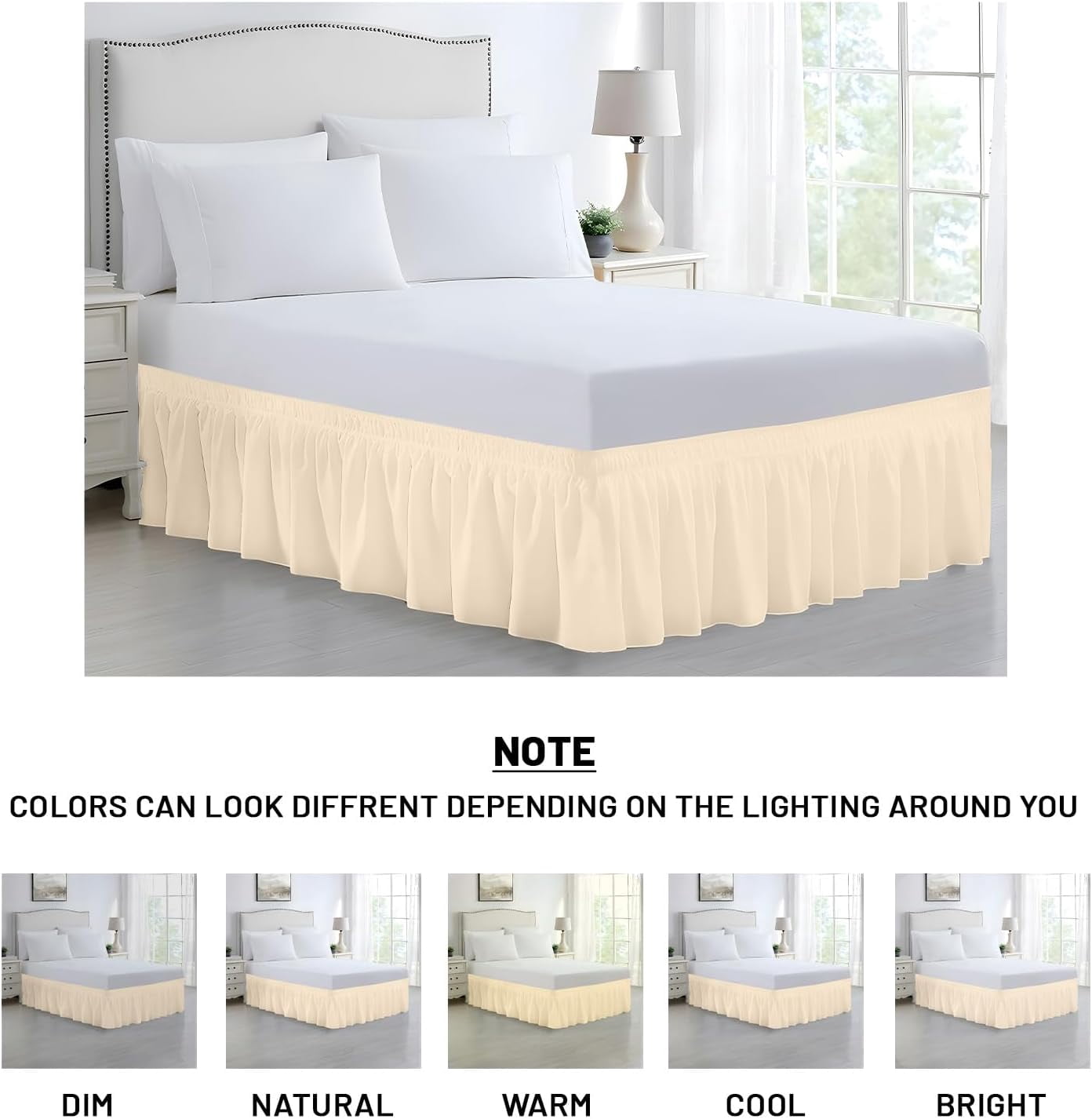 SGI bedding 10 inch Drop Wraparound Bed Skirt King Size - No Lifting Required, Adjustable Easy Fit Elastic Strap, Classic Gathered Styling Dust Ruffle, Fade Resistant -Beige