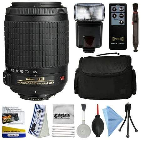 Nikon AF-S DX VR Zoom-NIKKOR 55-200mm f/4-5.6G IF-ED Lens 2166 with Starter Accessories Bundle includes E-TTL II Flash + Large Case + Remote Shutter Release + Cleaning