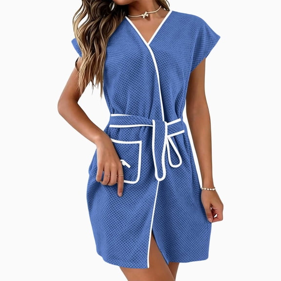 Women's Short Sleeve Waffle Cotton Terry Wrap Bathrobe Quick Absorbent Mini Length Contrast Pockets for Beach Shower Indoor Lounging Blue Free Size