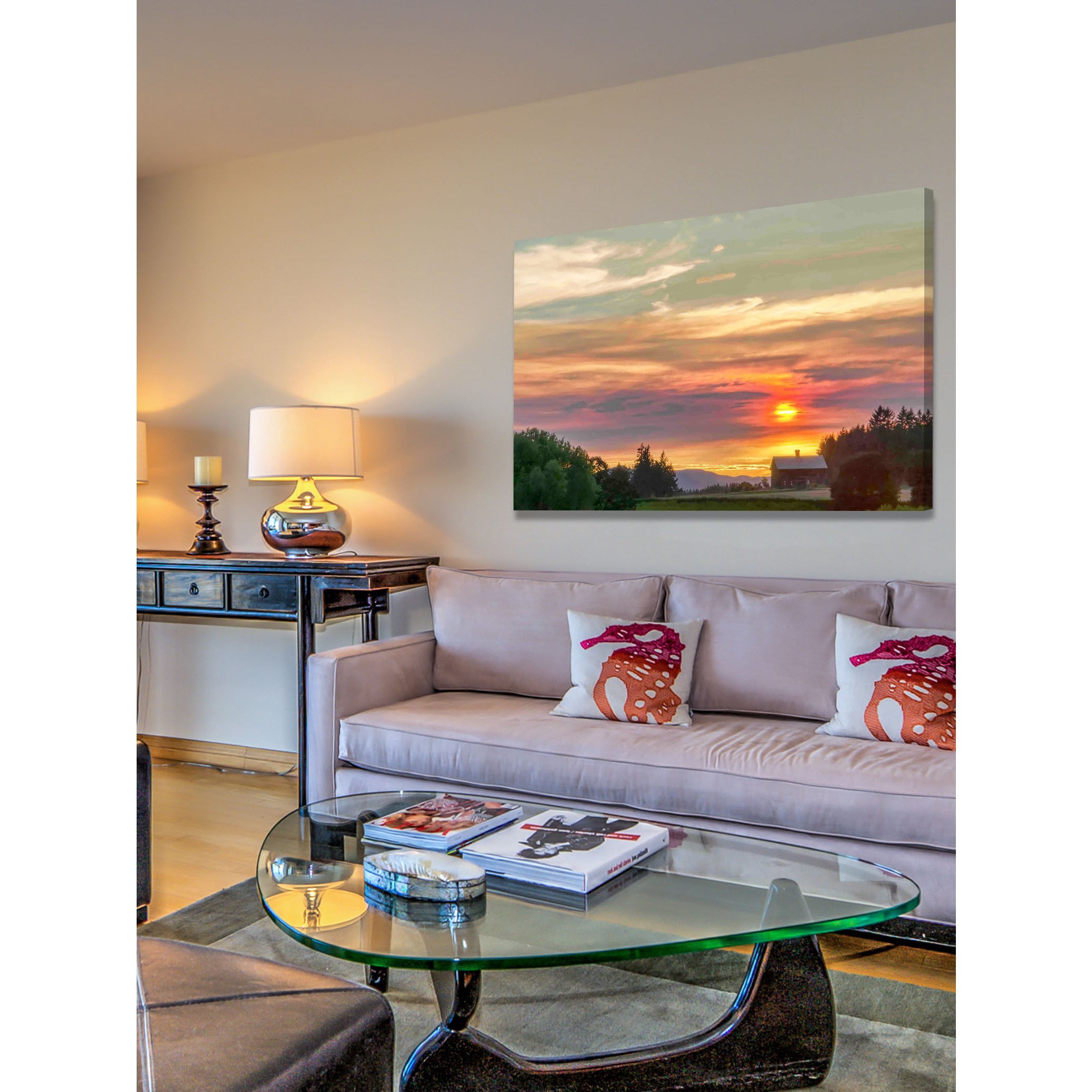 "Barn on the Ridge at Sunset" Painting Print on Wrapped Canvas