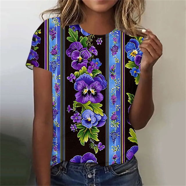 UPPADA Journée Aujourd'hui Femme Col Rond Imprimé Floral Décontracté Imprimé Haut à Manches Courtes Haut/chemise à Manches Courtes à Col Rond Hauts pour Femmes Chic Décontracté