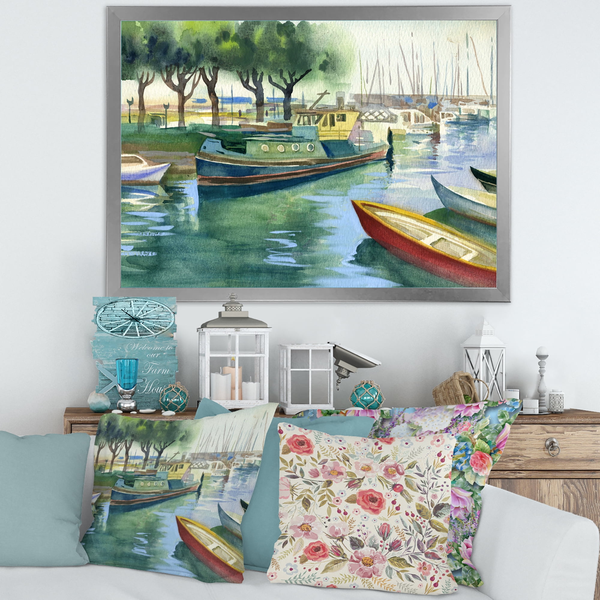 Boats At The Lake in Green Spring 32 in x 16 in Framed Painting Canvas Art Print, by Designart