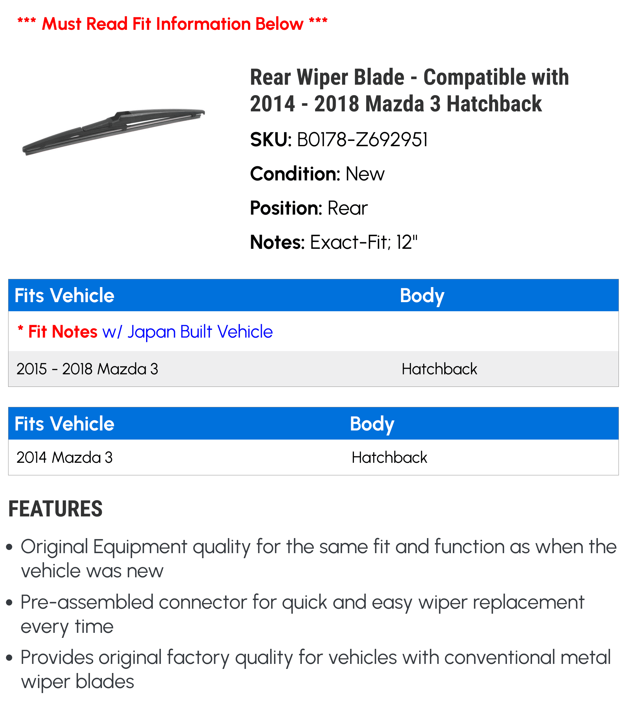 Rear Wiper Blade - Compatible with 2014 - 2018 Mazda 3 Hatchback - Trico