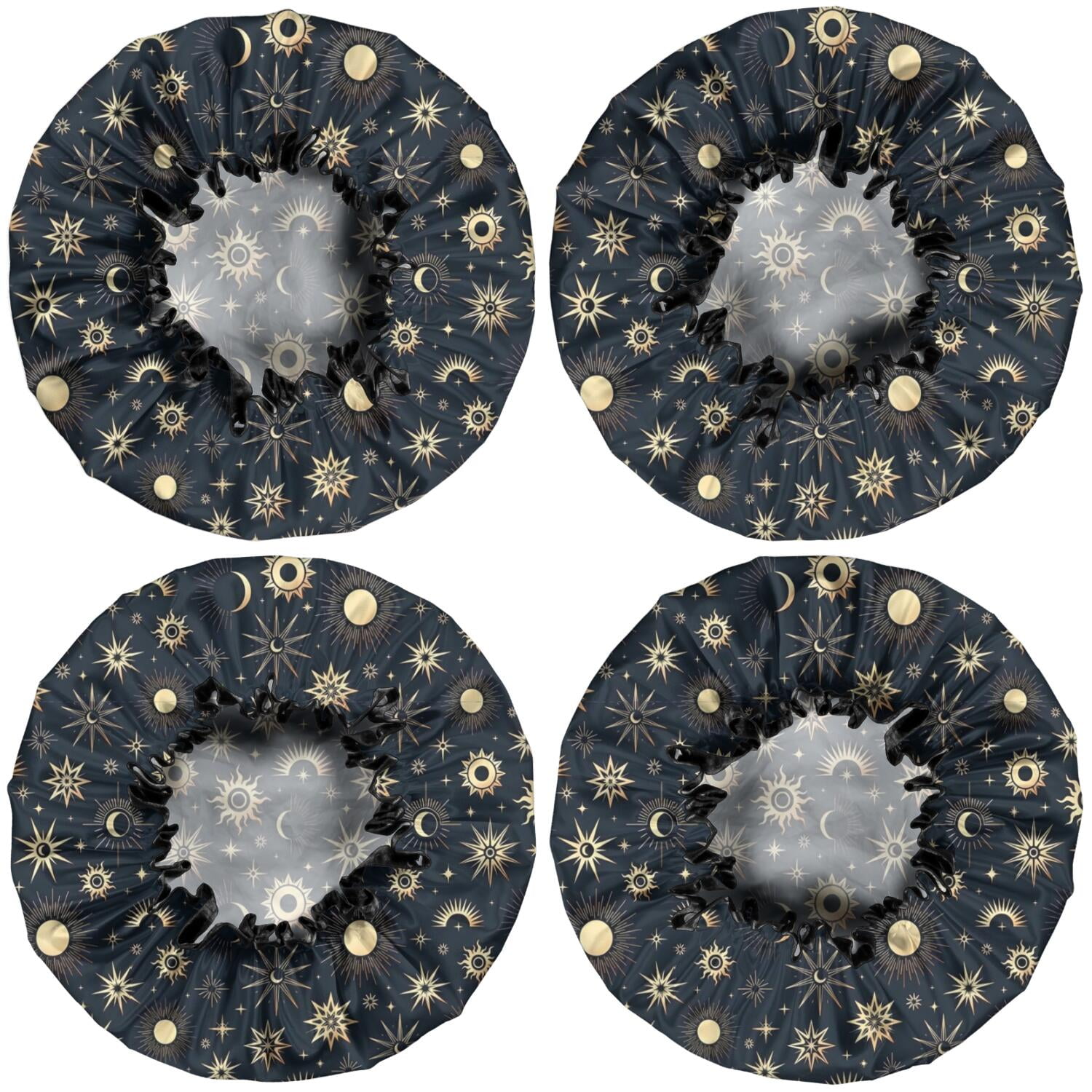 Shower Caps,Dark Blue Sun Moon Star Pattern Waterproof Shower Cap for Women 4 Pieces,Double Reusable Hair Cover for Shower PEVA Elastic Stretch Hem