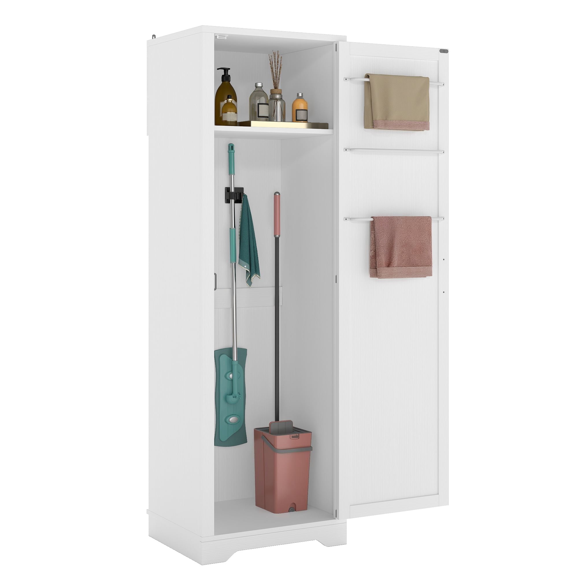 Uforic Broom Storage Closet Cabinet with Hanging Rod, 63" Garage Cabinet with Shelf, White