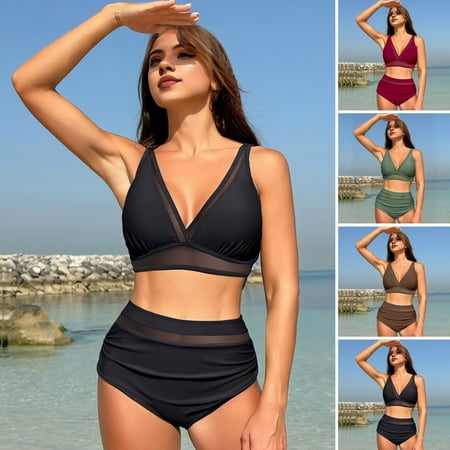 Joernso 2Pcs/Set Women Sexy Bikini Set V-neck Padded Bra High Waist Swimming Trucks Set Solid Color Mesh Splicing Bathing Suit Beachwear