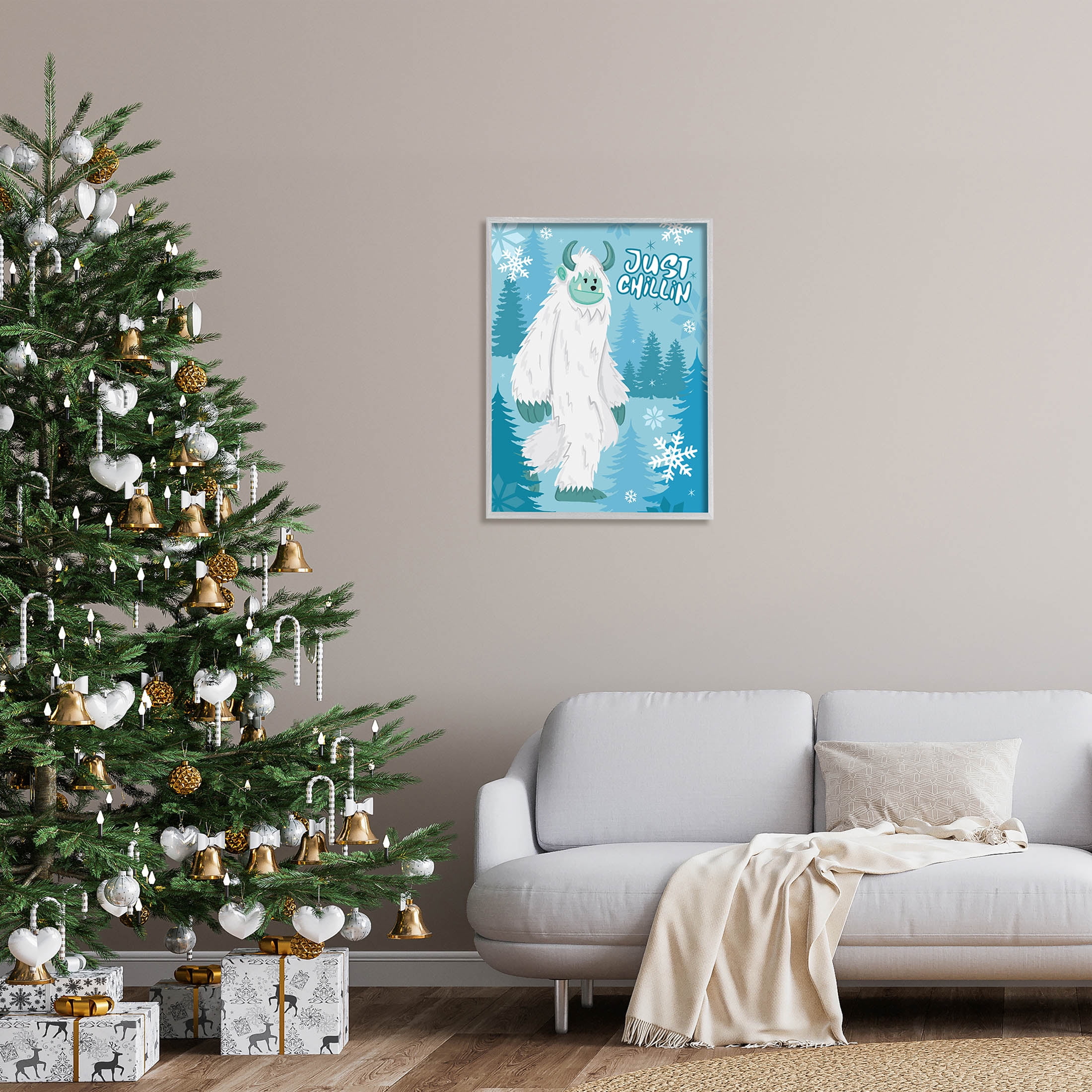 Just Chillin Funny Winter Yeti Holiday Graphic Art Gray Framed Art Print Wall Art